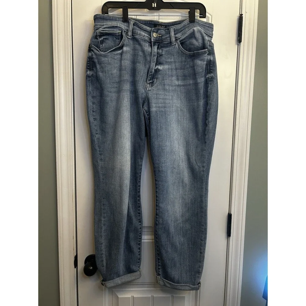 Judy Blue Boyfriend Jeans 14W Plus Mid Wash Cuffed Stretch Denim Casual Comfort